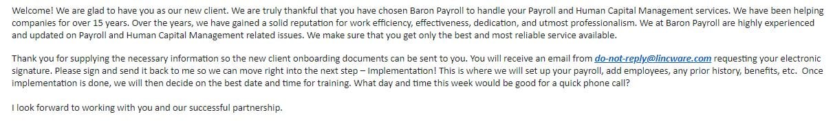 An example of an onboarding welcome email from Baron Payroll.