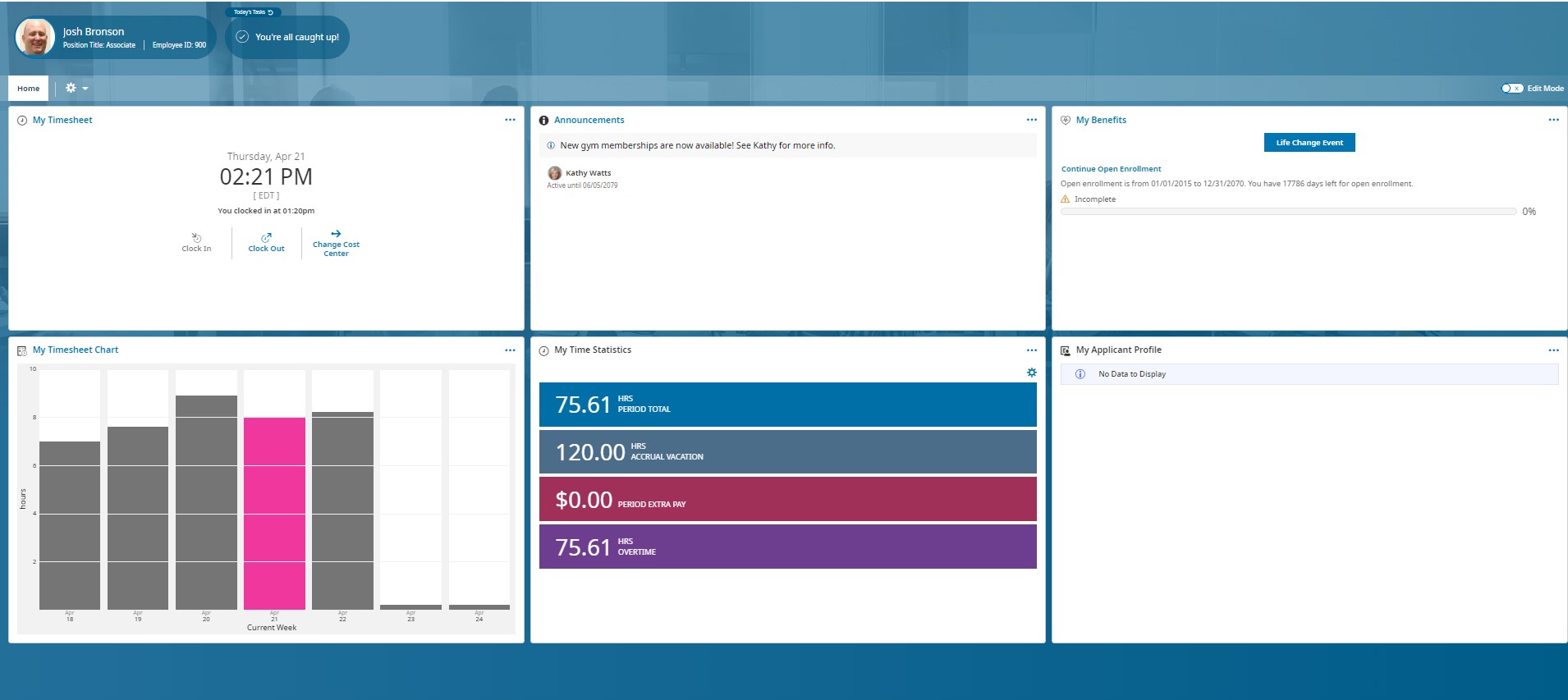 Photo of an English language ESS payroll portal for timesheet, announcements, benefits, chart, statistics, and other payroll information.