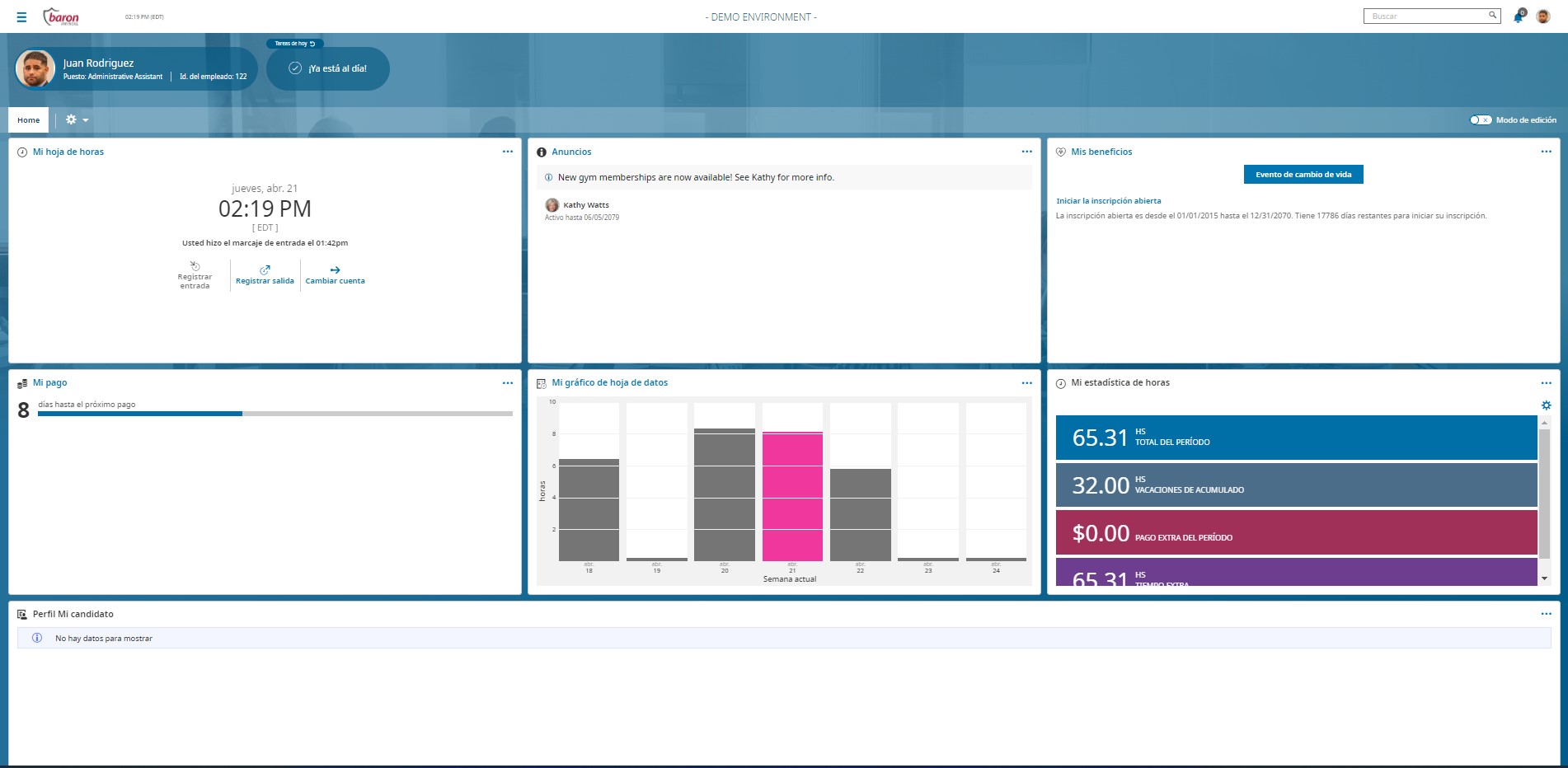 Photo of a Spanish ESS payroll portal with the timesheet, announcements, benefits, chart, statistics, and other payroll information.