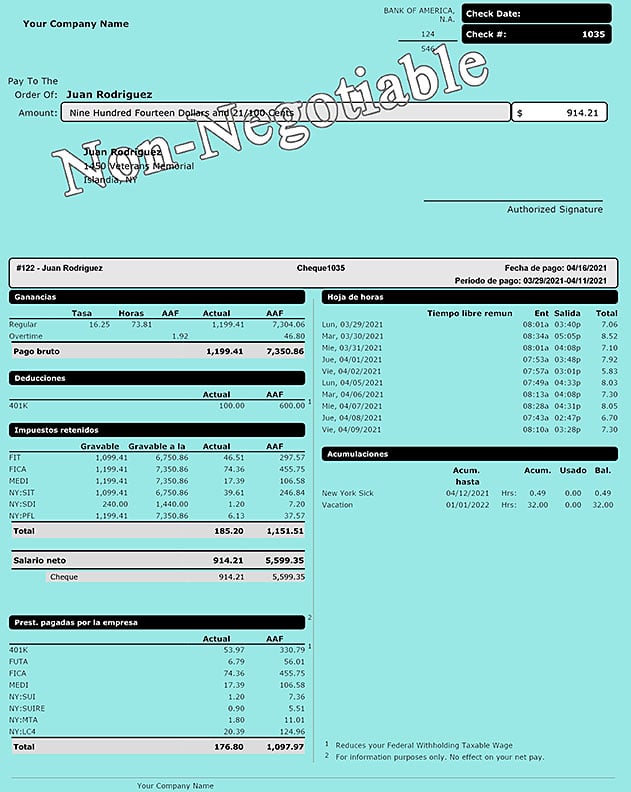 Pdf image of a sample payroll statement in Spanish for article on payroll in Spanish, and ESS new york payroll portal.
