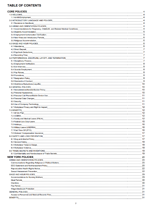table of contents