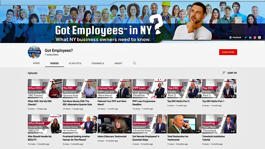 Photo of Baron Payroll’s YouTube page with videos on payroll compliance, ERCs, and time and attendance videos.