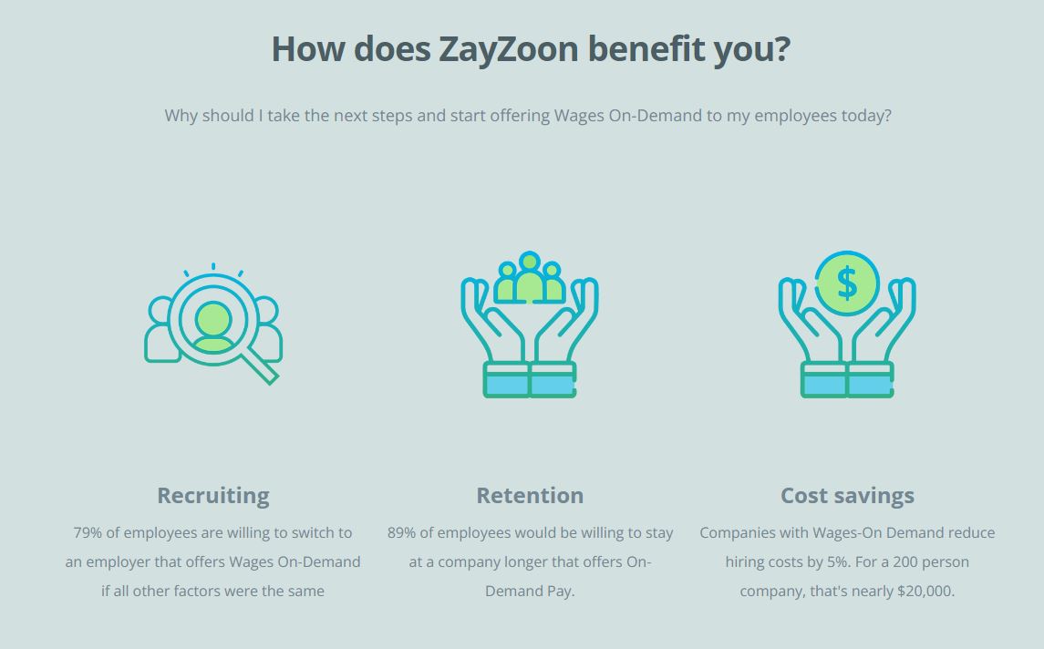 A Zayzoon branded graphic displays statistics on the positive impact of their wages on-demand service
