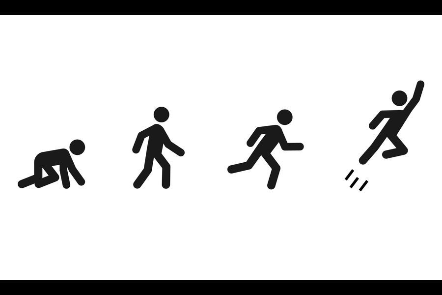 A stick figure man is shown in the crawl walk run and flying stage, showing Baron Payroll’s implementation strategy.
